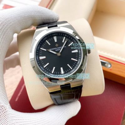 Copy Vacheron Constantin Overseas Black Dial Black Leather Watch 42MM